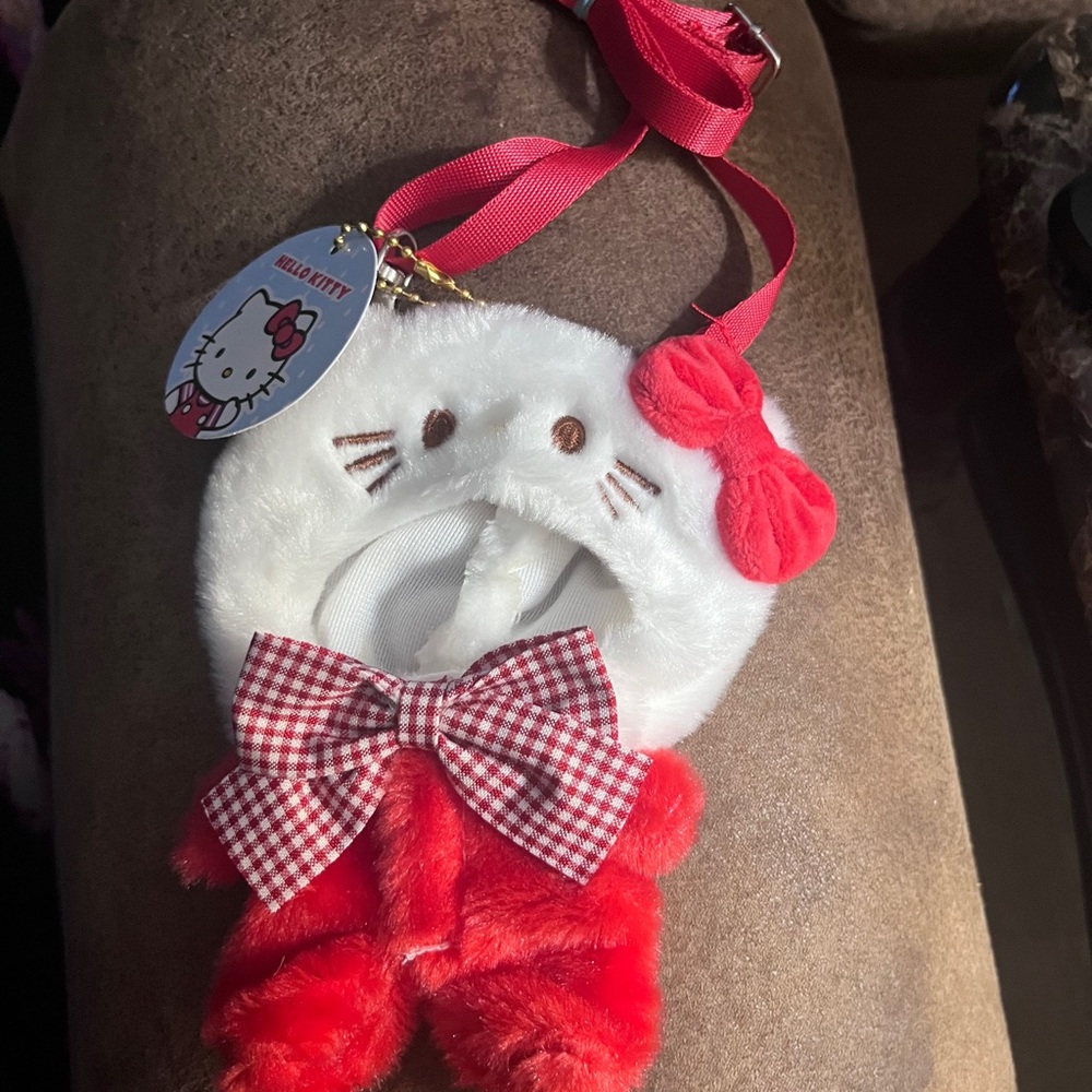 Hello Kitty Plush Labubu Pouch with Red and White Accents Long Carrying Strap